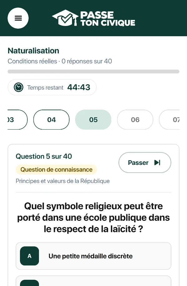 Une question d’examen blanc sur téléphone, avec le temps restant et les quatre propositions de réponse.